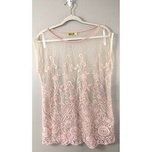 Ivory Sheer Mesh Top L Pink Floral Embroidered Y2K Coquette Fairycore Soft Girl